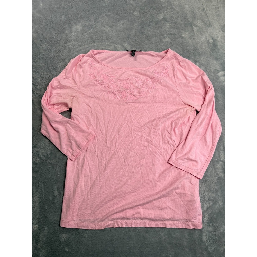 AK Anne Klein Tee Shirt Womens Medium Bright Pink Embroidered Flower Round Neck